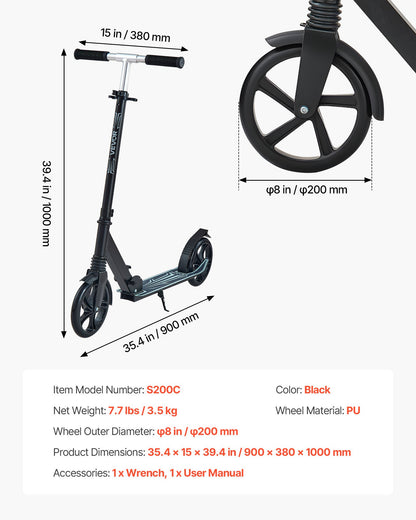 Kick Scooter for Kids Ages 8+, Teens & Adults, 2-Wheel Toddler Scooter with Adjustable Height Handlebar, Wide Anti-Slip Deck, Foldable Lightweight Frame for Boys & Girls up to 220 lbs, Black