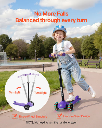 Kick Scooter for Kids Ages 3+, 3-Wheel Toddler Scooter with Light-Up Wheels, Adjustable Height Handlebar, Wide Anti-Slip Deck, Lightweight Aluminum Frame for Boys & Girls up to 165 lbs, Purple