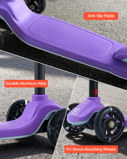 Kick Scooter for Kids Ages 3+, 3-Wheel Toddler Scooter with Light-Up Wheels, Adjustable Height Handlebar, Wide Anti-Slip Deck, Lightweight Aluminum Frame for Boys & Girls up to 165 lbs, Purple