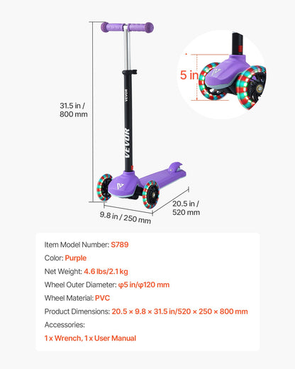 Kick Scooter for Kids Ages 3+, 3-Wheel Toddler Scooter with Light-Up Wheels, Adjustable Height Handlebar, Wide Anti-Slip Deck, Lightweight Aluminum Frame for Boys & Girls up to 165 lbs, Purple
