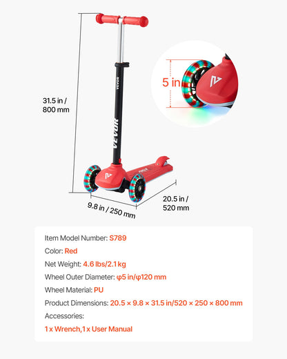 Kick Scooter for Kids Ages 3+, 3-Wheel Toddler Scooter with Light-Up Wheels, Adjustable Height Handlebar, Wide Anti-Slip Deck, Lightweight Aluminum Frame for Boys & Girls up to 165 lbs, Red