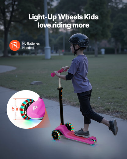 Kick Scooter for Kids Ages 3+, 3-Wheel Toddler Scooter with Light-Up Wheels, Adjustable Height Handlebar, Wide Anti-Slip Deck, Lightweight Aluminum Frame for Boys & Girls up to 165 lbs, Pink