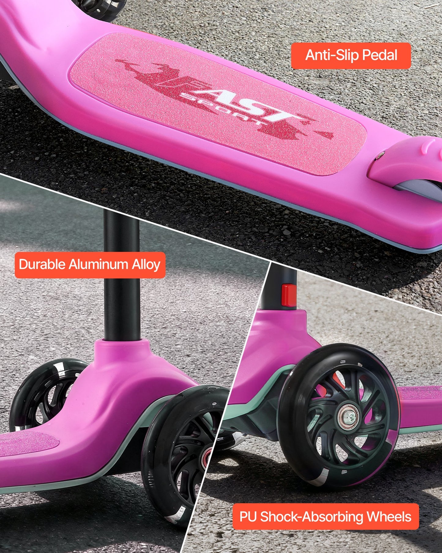 Kick Scooter for Kids Ages 3+, 3-Wheel Toddler Scooter with Light-Up Wheels, Adjustable Height Handlebar, Wide Anti-Slip Deck, Lightweight Aluminum Frame for Boys & Girls up to 165 lbs, Pink