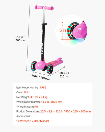 Kick Scooter for Kids Ages 3+, 3-Wheel Toddler Scooter with Light-Up Wheels, Adjustable Height Handlebar, Wide Anti-Slip Deck, Lightweight Aluminum Frame for Boys & Girls up to 165 lbs, Pink
