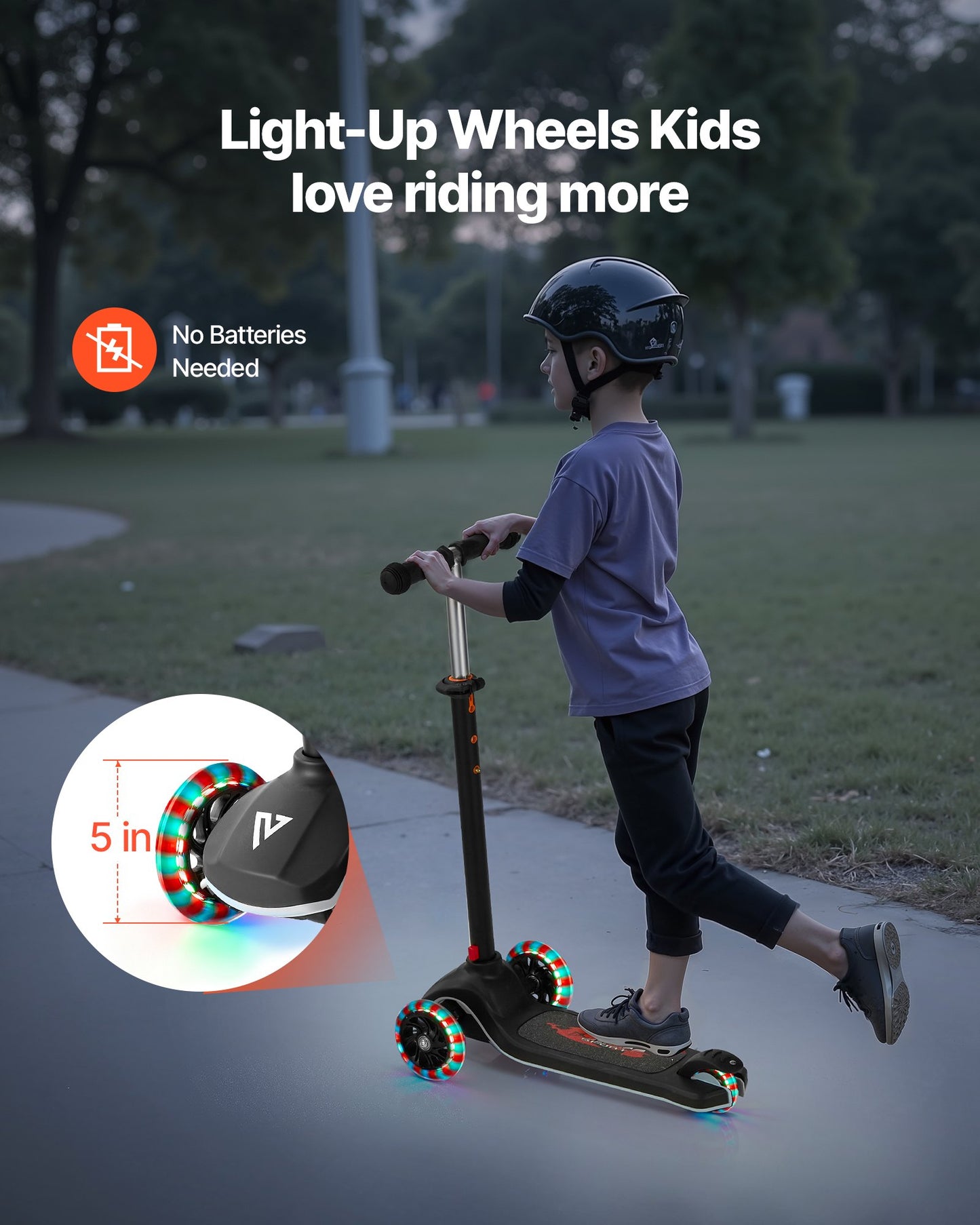 Kick Scooter for Kids Ages 3+, 3-Wheel Toddler Scooter with Light-Up Wheels, Adjustable Height Handlebar, Wide Anti-Slip Deck, Lightweight Aluminum Frame for Boys & Girls up to 165 lbs, Black