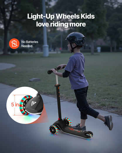 Kick Scooter for Kids Ages 3+, 3-Wheel Toddler Scooter with Light-Up Wheels, Adjustable Height Handlebar, Wide Anti-Slip Deck, Lightweight Aluminum Frame for Boys & Girls up to 165 lbs, Black
