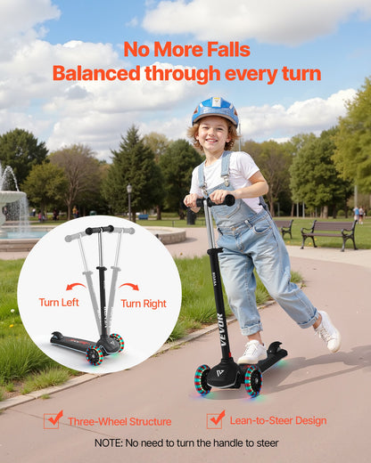 Kick Scooter for Kids Ages 3+, 3-Wheel Toddler Scooter with Light-Up Wheels, Adjustable Height Handlebar, Wide Anti-Slip Deck, Lightweight Aluminum Frame for Boys & Girls up to 165 lbs, Black