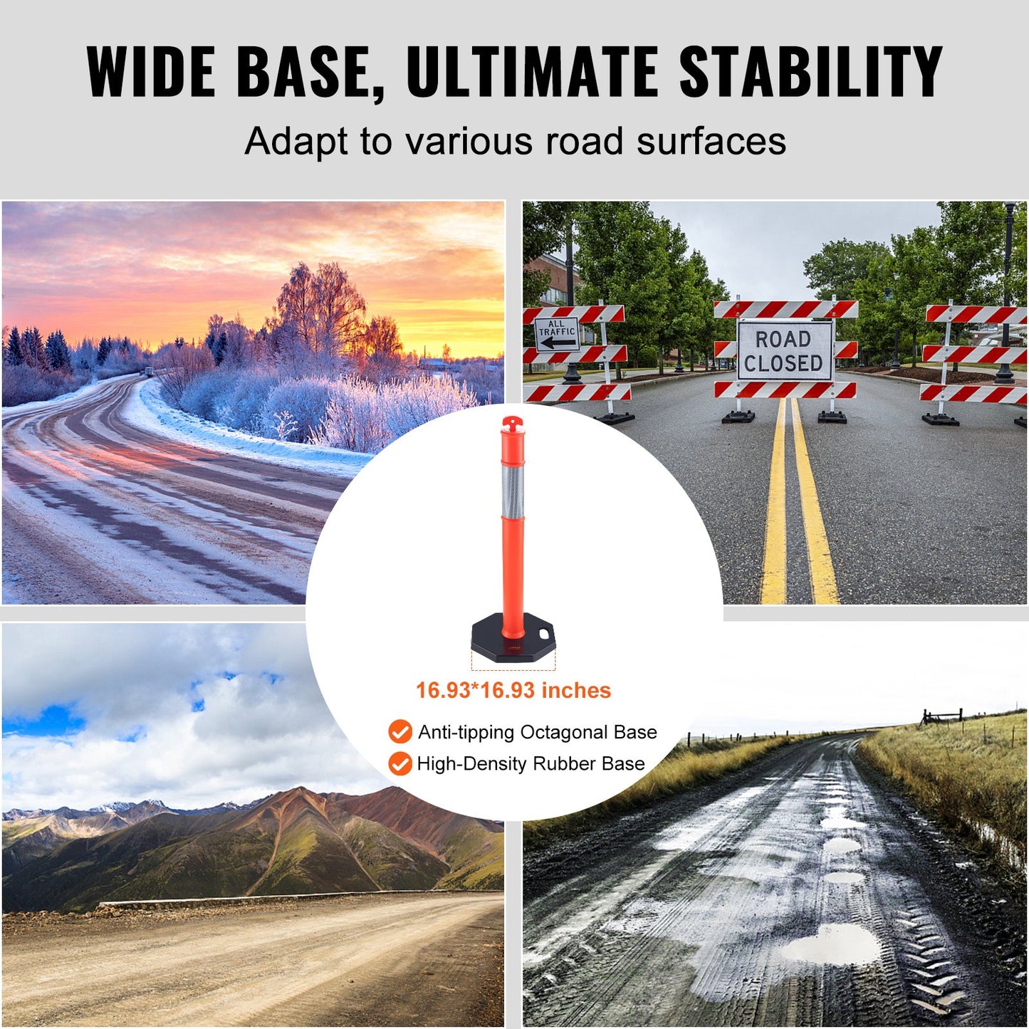 Traffic Delineator-stolpkoner, 2-pack, Trafiksäkerhetsavgränsningsbarriär med 16,93 x 16,93 i gummibas, för trafikkontroll Varning Utomhus användning inomhus Parkeringsplats Konstruktion Varning Vägar