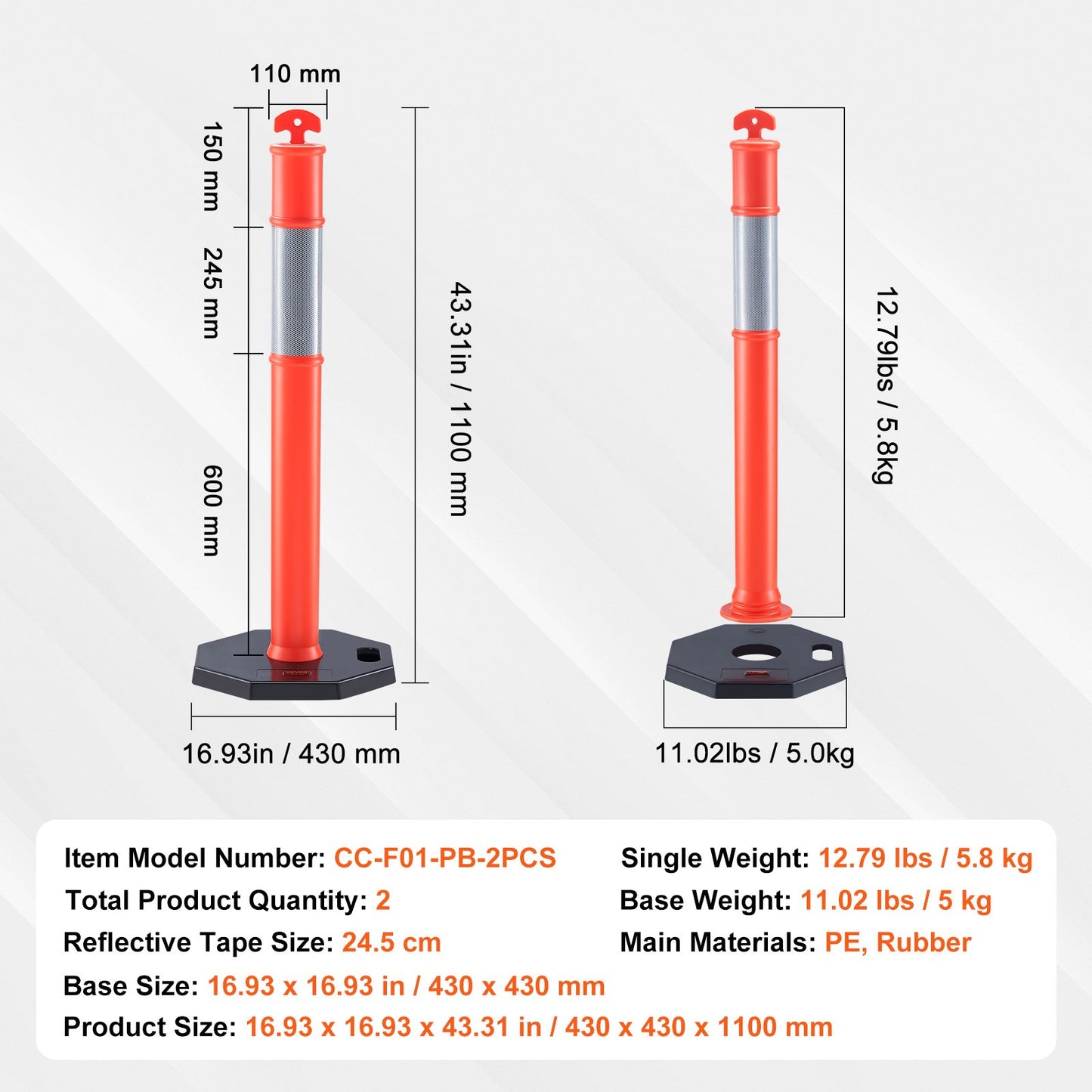Traffic Delineator-stolpkoner, 2-pack, Trafiksäkerhetsavgränsningsbarriär med 16,93 x 16,93 i gummibas, för trafikkontroll Varning Utomhus användning inomhus Parkeringsplats Konstruktion Varning Vägar
