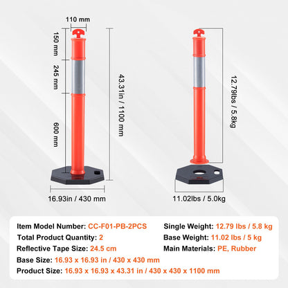 Traffic Delineator-stolpkoner, 2-pack, Trafiksäkerhetsavgränsningsbarriär med 16,93 x 16,93 i gummibas, för trafikkontroll Varning Utomhus användning inomhus Parkeringsplats Konstruktion Varning Vägar