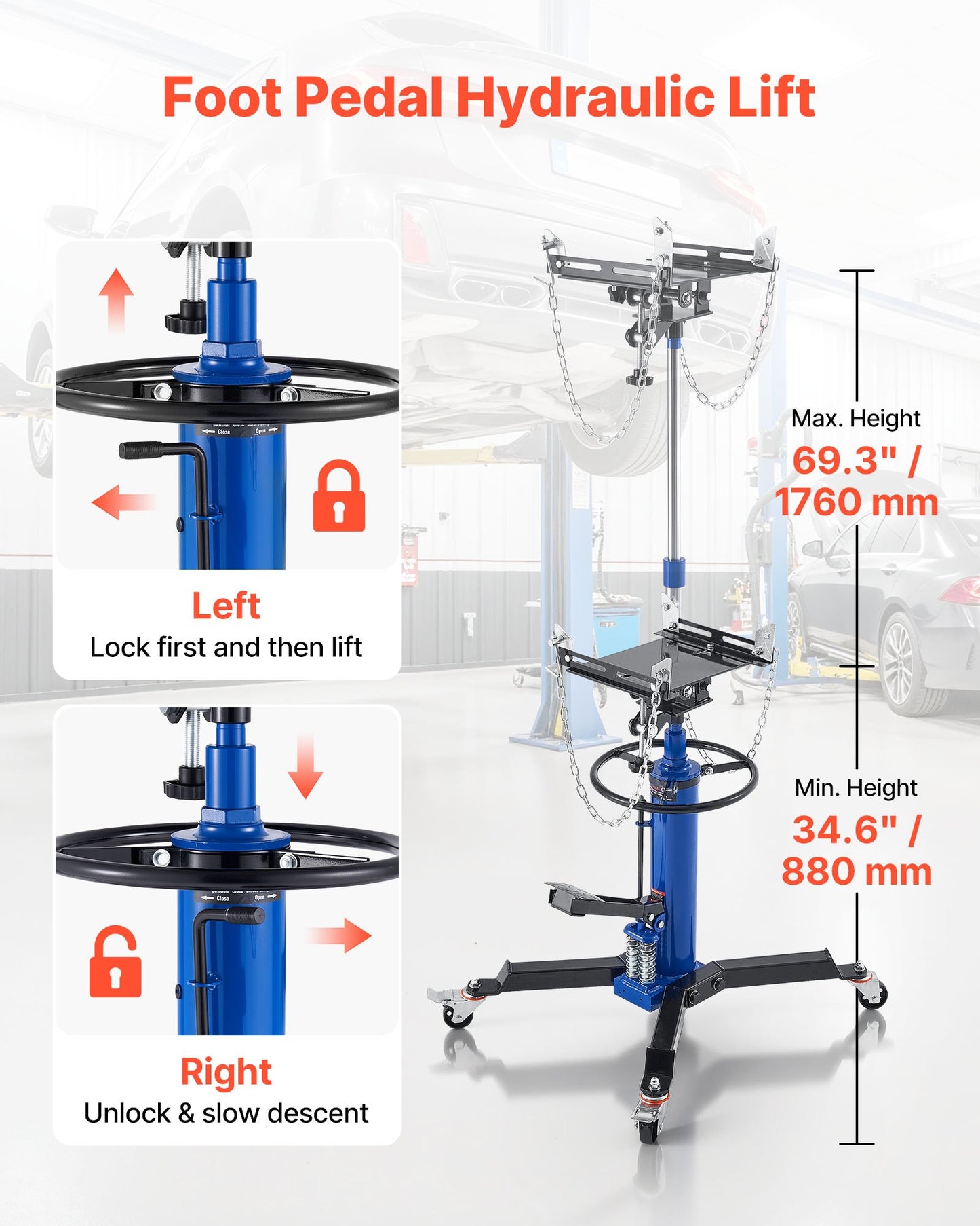 Hydraulic Transmission Jack, 1322 lbs / 0.6 Ton Lifting Capacity Telescoping Transmission Jack with Foot Pedal, Dual Telescopic Trans, 34.6-69.3 in High Lifting Height, Garage/Shop Lift Hoist
