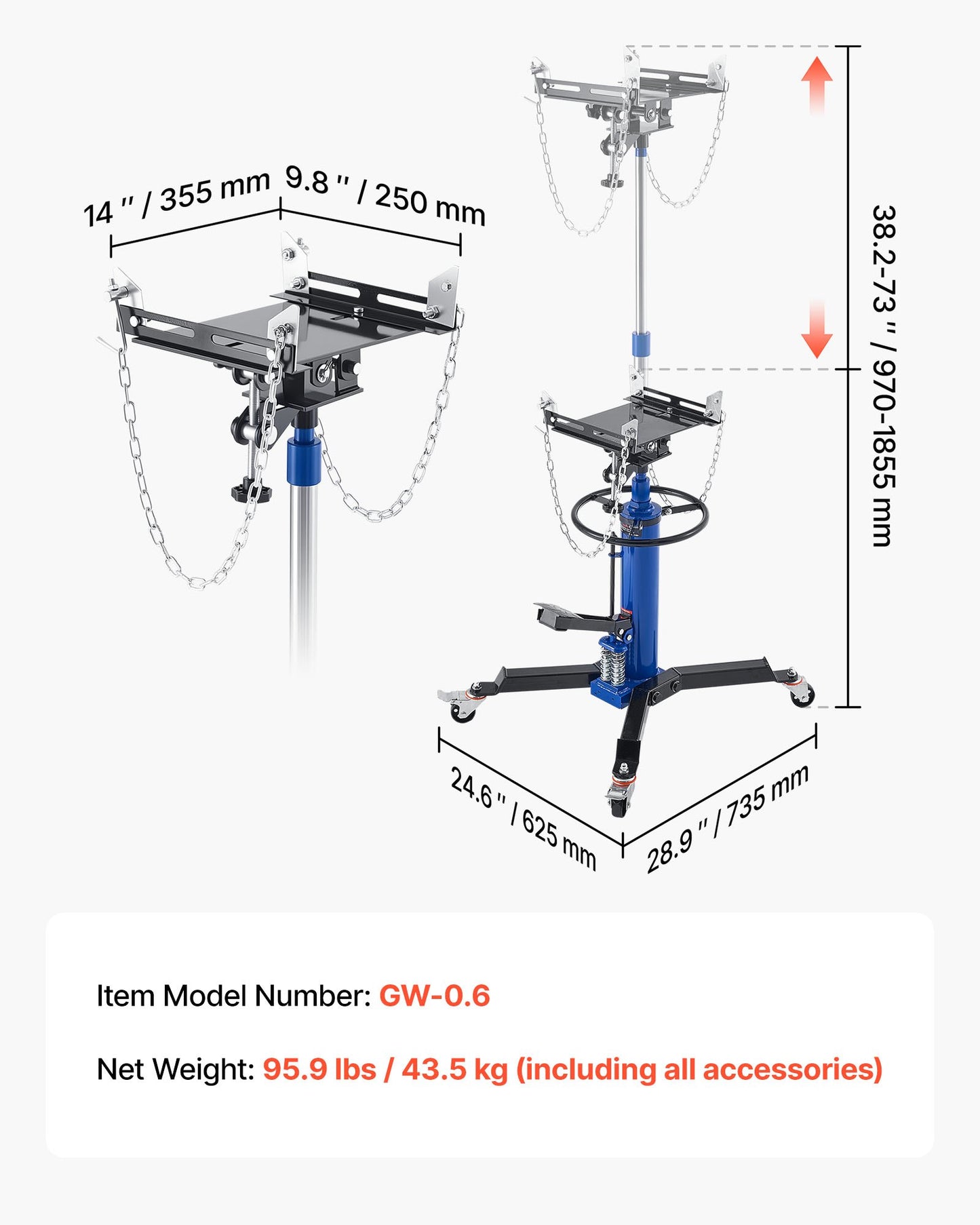 Hydraulic Transmission Jack, 1322 lbs / 0.6 Ton Lifting Capacity Telescoping Transmission Jack with Foot Pedal, Dual Telescopic Trans, 34.6-69.3 in High Lifting Height, Garage/Shop Lift Hoist