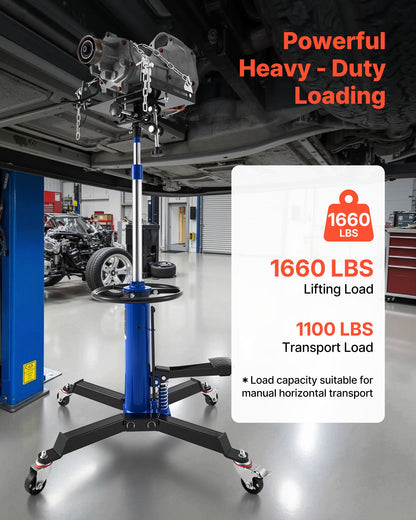 Hydraulic Transmission Jack, 1660 lbs / 0.75 Ton Lifting Capacity Telescoping Transmission Jack with Foot Pedal, 360° Swivel Wheel, 34.6-69.3 in High Lifting Height, Lift Hoist for Garage/Shop