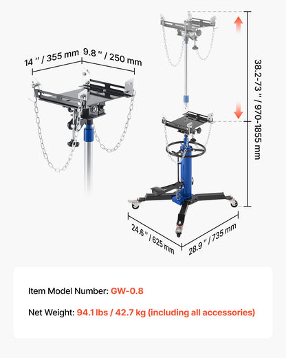 Hydraulic Transmission Jack, 1660 lbs / 0.75 Ton Lifting Capacity Telescoping Transmission Jack with Foot Pedal, 360° Swivel Wheel, 34.6-69.3 in High Lifting Height, Lift Hoist for Garage/Shop