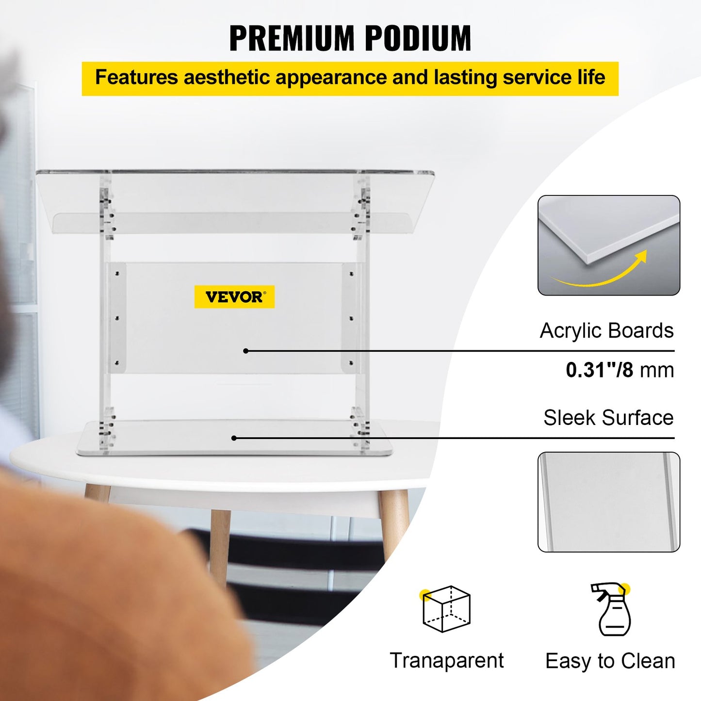 Tisch-Acryl-Podium, 49,5 cm hoch, Plexiglas-Podium, 68,6 x 34,3 cm, Tisch-Acryl-Kanzel für Kirchen, schräge Oberfläche mit Lippe für Buchhalter, transparentes Rednerpult für Vorlesungen, Rezitationen, Reden und Präsentationen