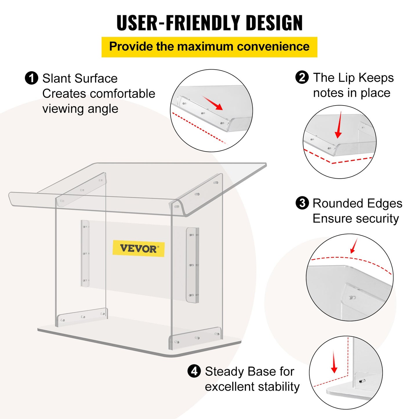 Tisch-Acryl-Podium, 49,5 cm hoch, Plexiglas-Podium, 68,6 x 34,3 cm, Tisch-Acryl-Kanzel für Kirchen, schräge Oberfläche mit Lippe für Buchhalter, transparentes Rednerpult für Vorlesungen, Rezitationen, Reden und Präsentationen