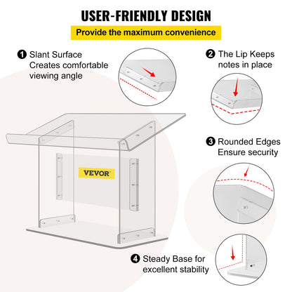 Tisch-Acryl-Podium, 49,5 cm hoch, Plexiglas-Podium, 68,6 x 34,3 cm, Tisch-Acryl-Kanzel für Kirchen, schräge Oberfläche mit Lippe für Buchhalter, transparentes Rednerpult für Vorlesungen, Rezitationen, Reden und Präsentationen