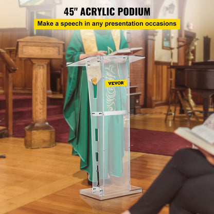 Acrylic Podium 45\" Tall Plexiglass Podium 26.8\"x15\" Table Acrylic Pulpits for Churches with 8 mm Thick Acrylic Board Acrylic Podiums and Lecterns Design for Lecture Recital Speech & Presentat