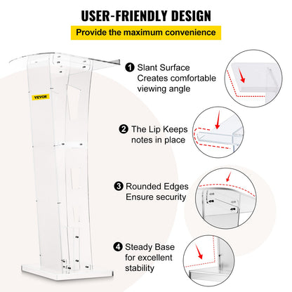 Acrylic Podium 45\" Tall Plexiglass Podium 26.8\"x15\" Table Acrylic Pulpits for Churches with 8 mm Thick Acrylic Board Acrylic Podiums and Lecterns Design for Lecture Recital Speech & Presentat