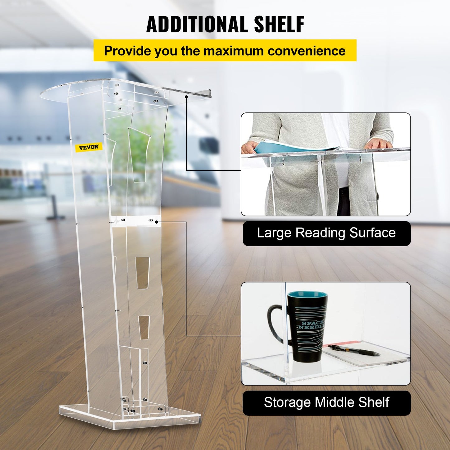 Acrylic Podium 45\" Tall Plexiglass Podium 26.8\"x15\" Table Acrylic Pulpits for Churches with 8 mm Thick Acrylic Board Acrylic Podiums and Lecterns Design for Lecture Recital Speech & Presentat