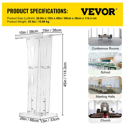 Acrylic Podium 45\" Tall Plexiglass Podium 26.8\"x15\" Table Acrylic Pulpits for Churches with 8 mm Thick Acrylic Board Acrylic Podiums and Lecterns Design for Lecture Recital Speech & Presentat