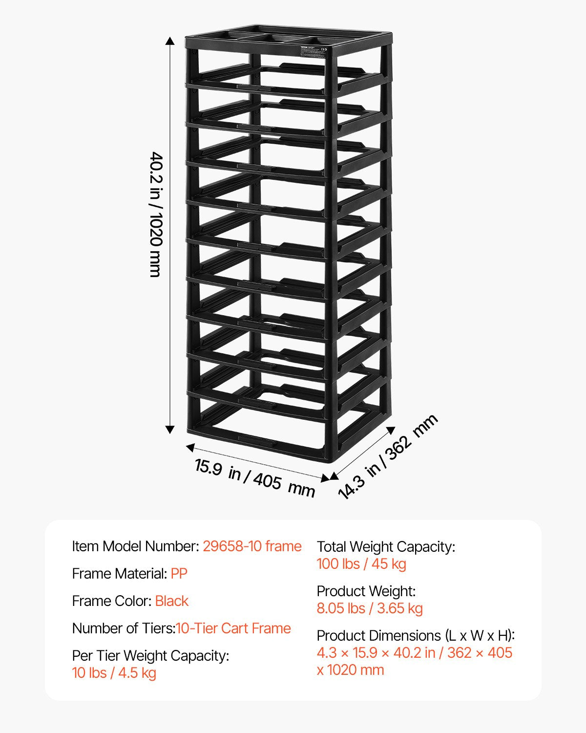Plastförvaringsorganisator 10-lagers stor kapacitet med organisatör topp svart ram