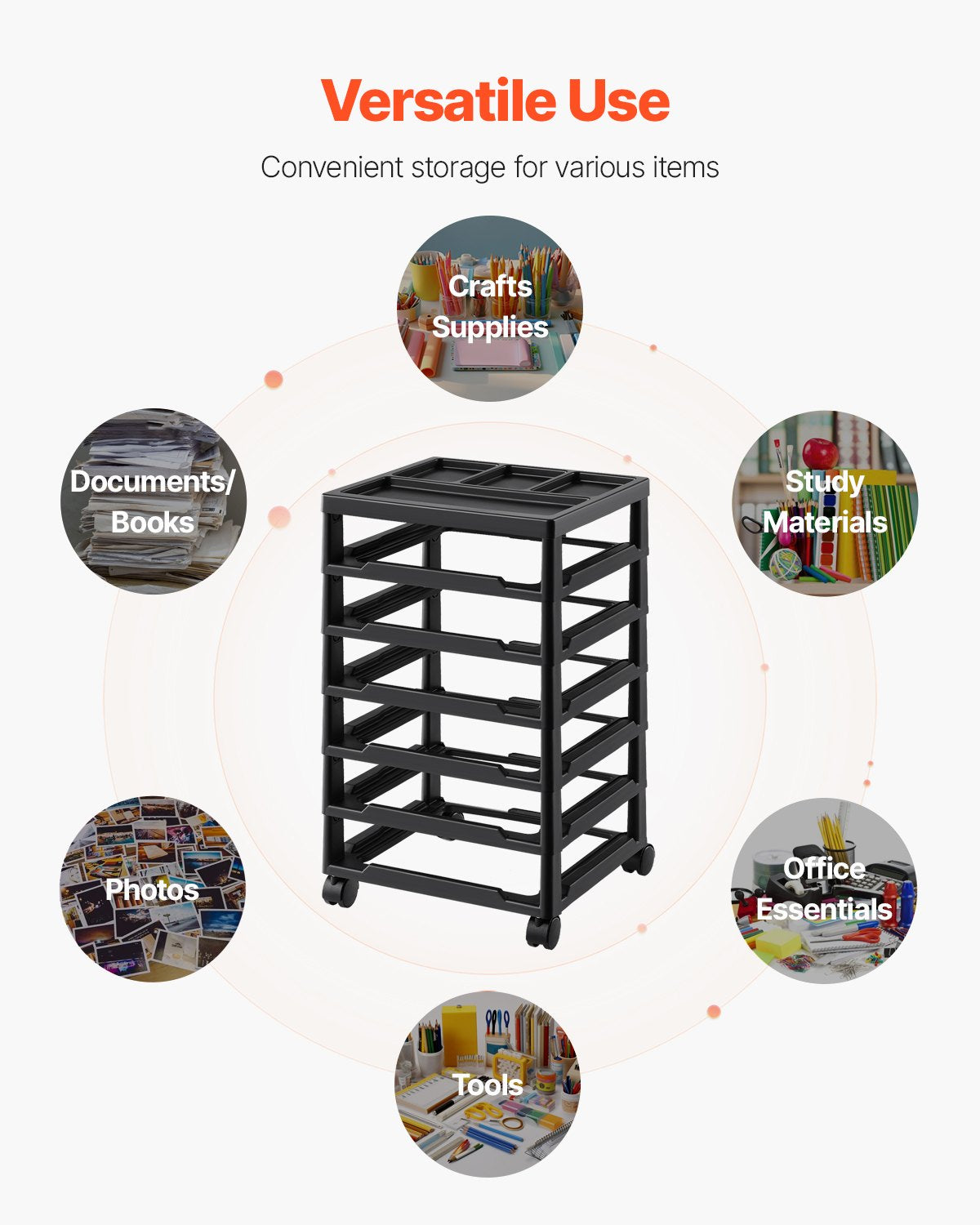 Scrapbook Rullande förvaringsvagn 6-lager stor kapacitet med organiseringsöverdel svart