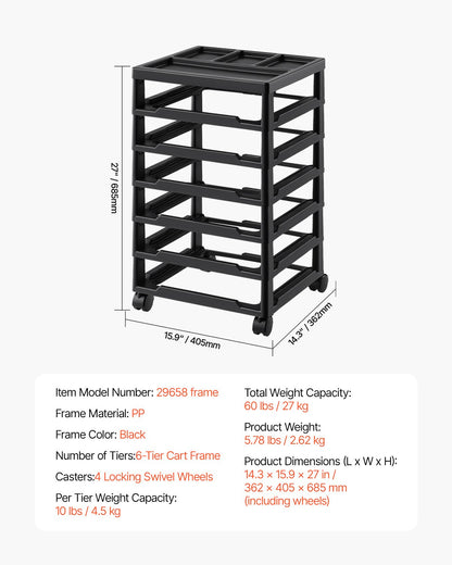 Scrapbook Rullande förvaringsvagn 6-lager stor kapacitet med organiseringsöverdel svart