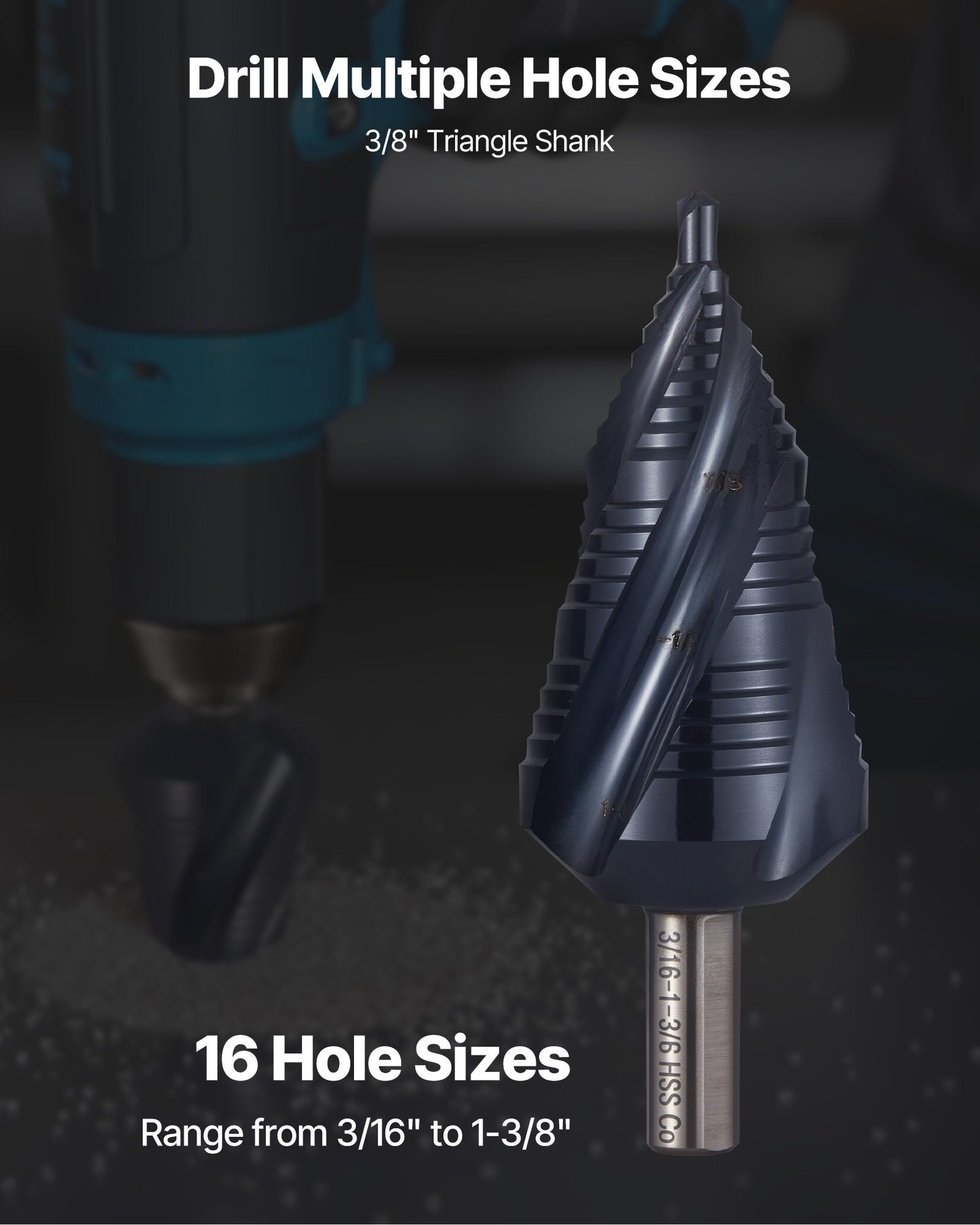 Step Drill Bit, 3/16 to 1-3/8 inch, 3/8 inch Triangular Shank, TiAlN Coating Cobalt High Speed Steel, Four Spiral Flute Step Bit for Metal, Stainless Steel, Aluminum, Wood, Plastic, Fiberglass