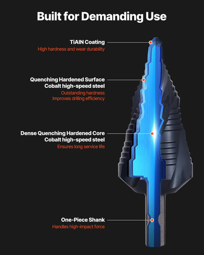 Step Drill Bit, 3/16 to 1-3/8 inch, 3/8 inch Triangular Shank, TiAlN Coating Cobalt High Speed Steel, Four Spiral Flute Step Bit for Metal, Stainless Steel, Aluminum, Wood, Plastic, Fiberglass