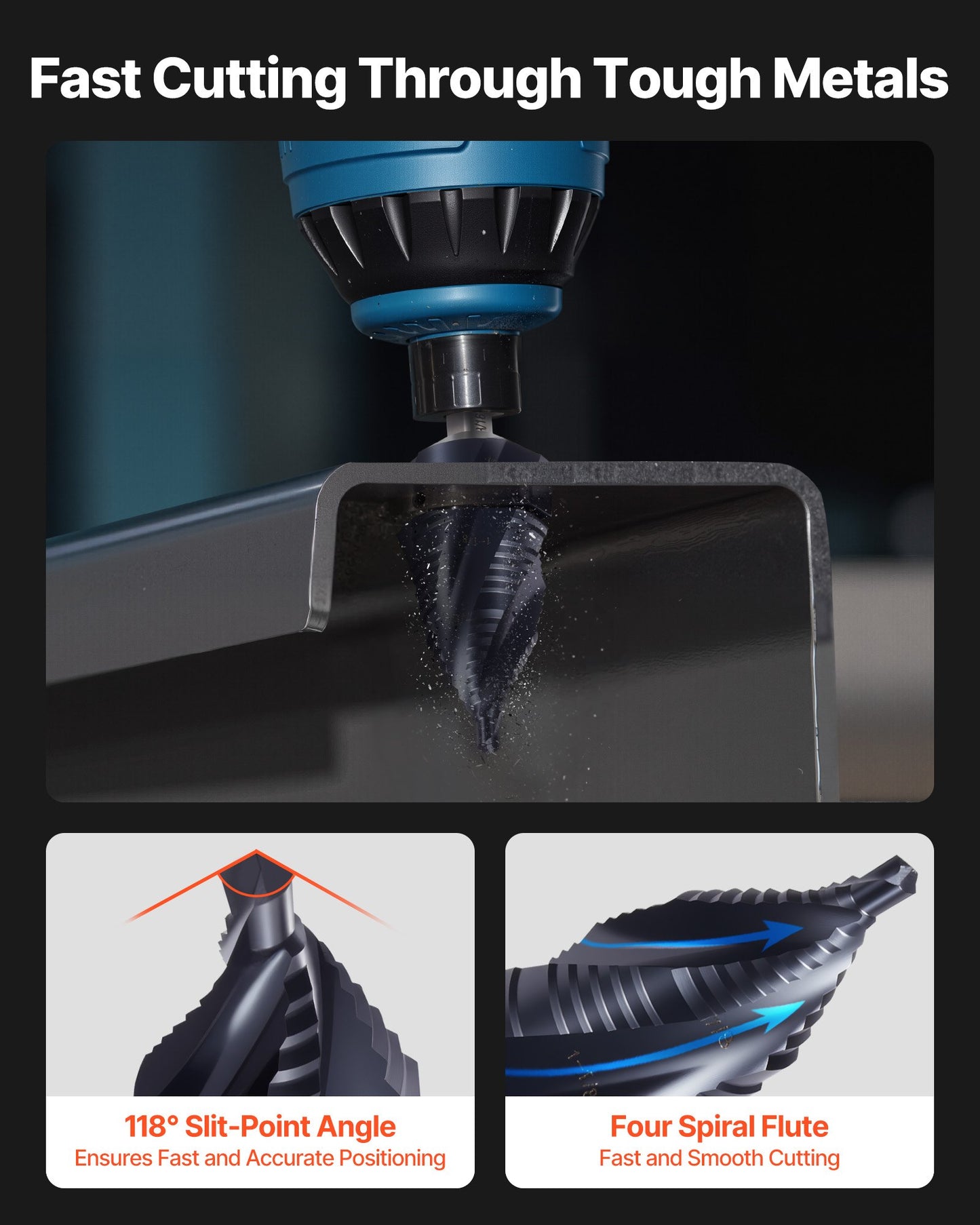 Step Drill Bit, 3/16 to 1-3/8 inch, 3/8 inch Triangular Shank, TiAlN Coating Cobalt High Speed Steel, Four Spiral Flute Step Bit for Metal, Stainless Steel, Aluminum, Wood, Plastic, Fiberglass