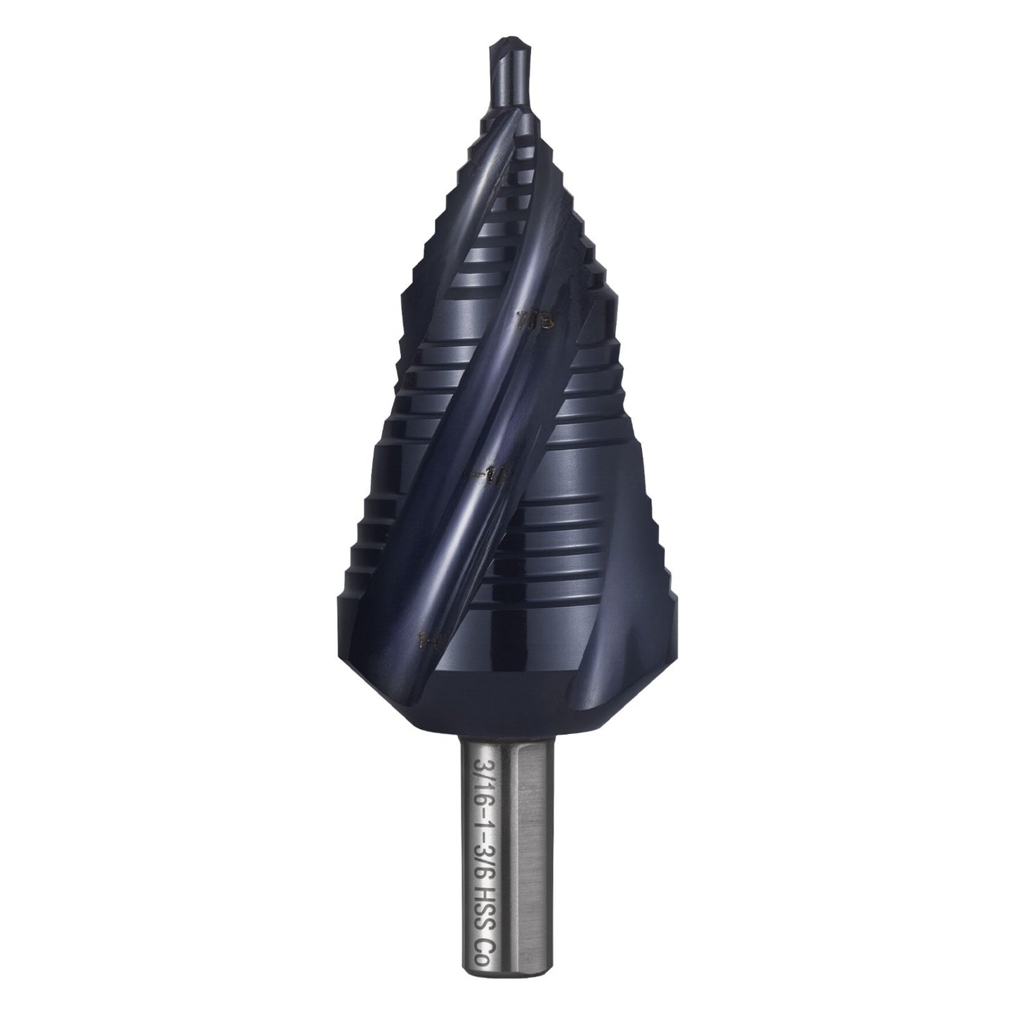 Step Drill Bit, 3/16 to 1-3/8 inch, 3/8 inch Triangular Shank, TiAlN Coating Cobalt High Speed Steel, Four Spiral Flute Step Bit for Metal, Stainless Steel, Aluminum, Wood, Plastic, Fiberglass