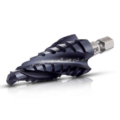 Step Drill Bit, 1/4 to 3/4 inch, 1/4 inch Hex Shank, TiAlN Coating Cobalt HSS High Speed Steel, Four Spiral Flute Step Bit for Metal, Stainless Steel, Aluminum, Wood, Plastic, Fiberglass