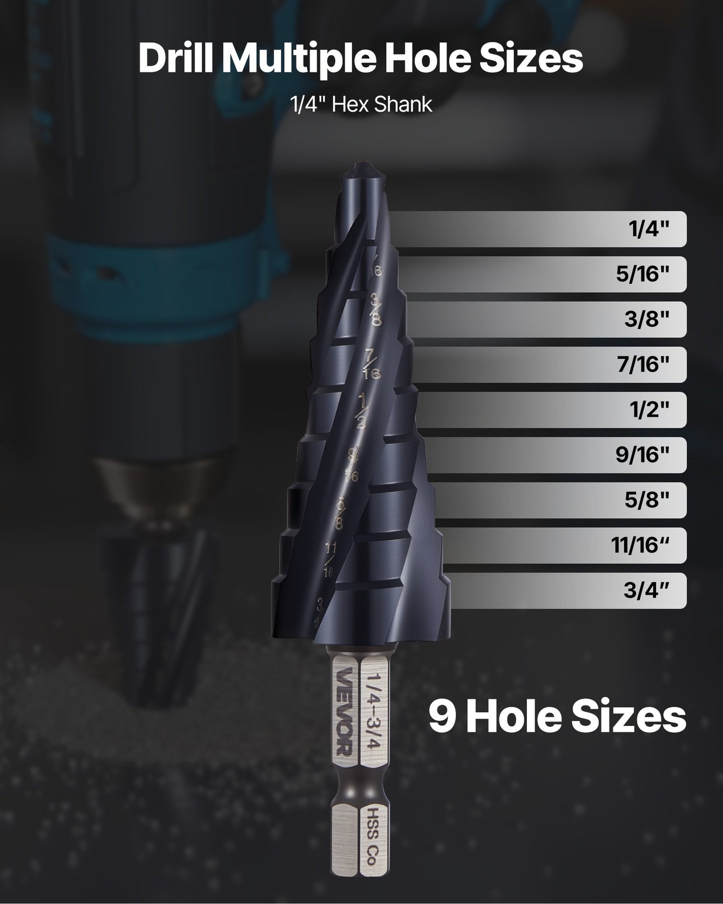 Step Drill Bit, 1/4 to 3/4 inch, 1/4 inch Hex Shank, TiAlN Coating Cobalt HSS High Speed Steel, Four Spiral Flute Step Bit for Metal, Stainless Steel, Aluminum, Wood, Plastic, Fiberglass