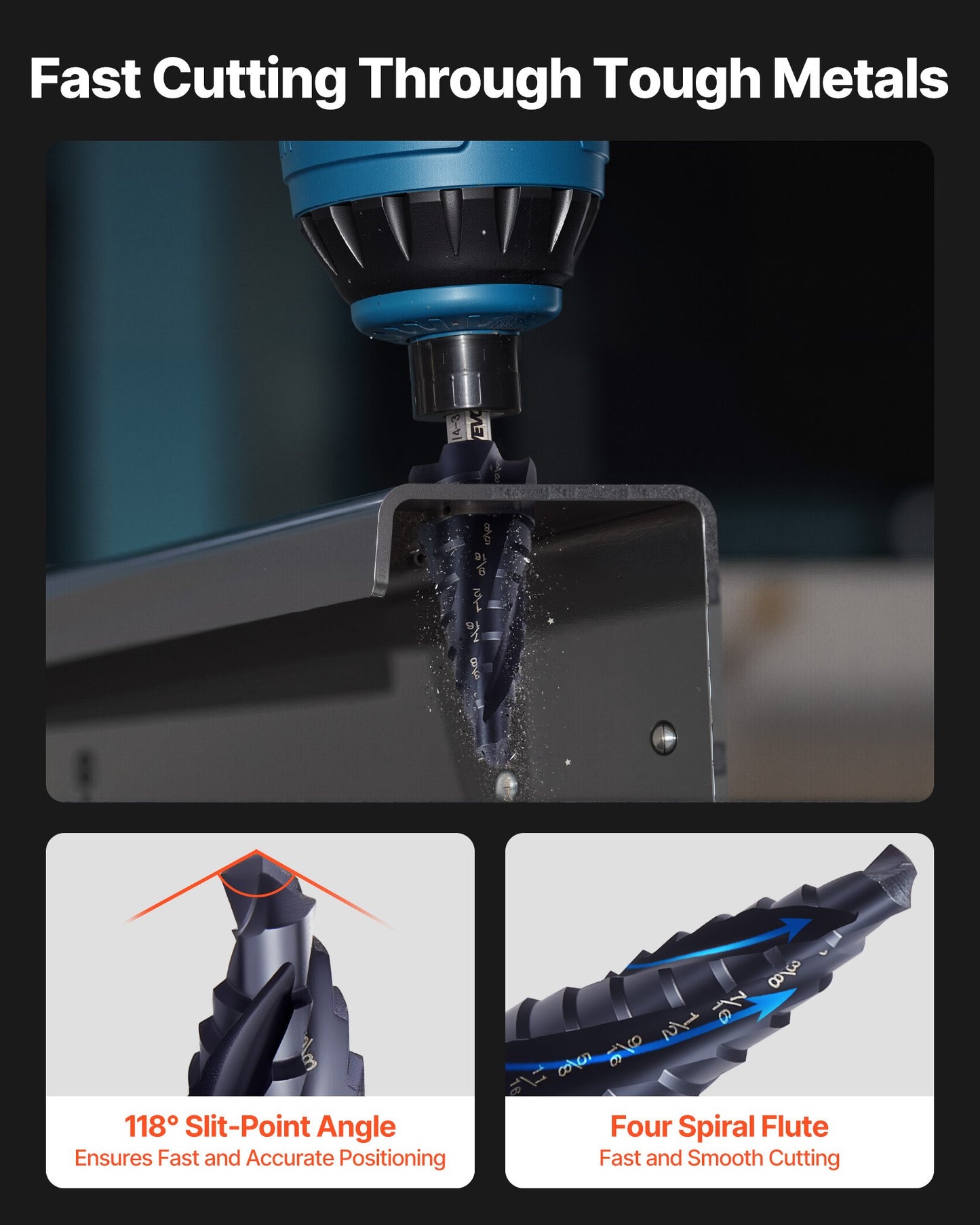 Step Drill Bit, 1/4 to 3/4 inch, 1/4 inch Hex Shank, TiAlN Coating Cobalt HSS High Speed Steel, Four Spiral Flute Step Bit for Metal, Stainless Steel, Aluminum, Wood, Plastic, Fiberglass