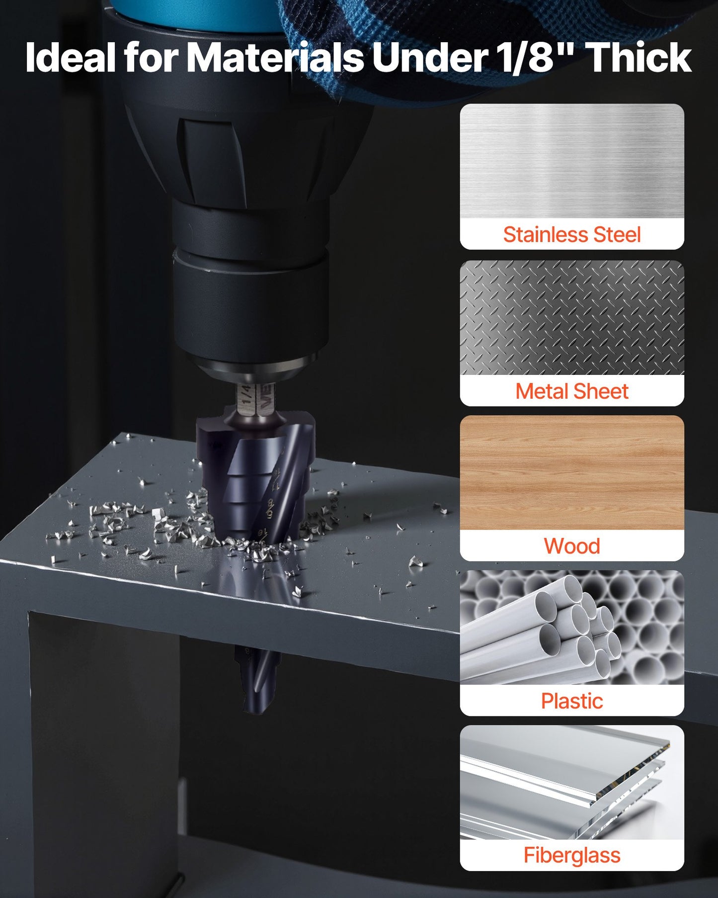 Step Drill Bit, 1/4 to 3/4 inch, 1/4 inch Hex Shank, TiAlN Coating Cobalt HSS High Speed Steel, Four Spiral Flute Step Bit for Metal, Stainless Steel, Aluminum, Wood, Plastic, Fiberglass