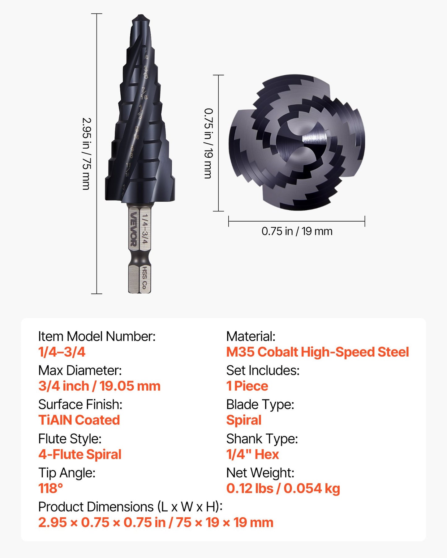 Step Drill Bit, 1/4 to 3/4 inch, 1/4 inch Hex Shank, TiAlN Coating Cobalt HSS High Speed Steel, Four Spiral Flute Step Bit for Metal, Stainless Steel, Aluminum, Wood, Plastic, Fiberglass