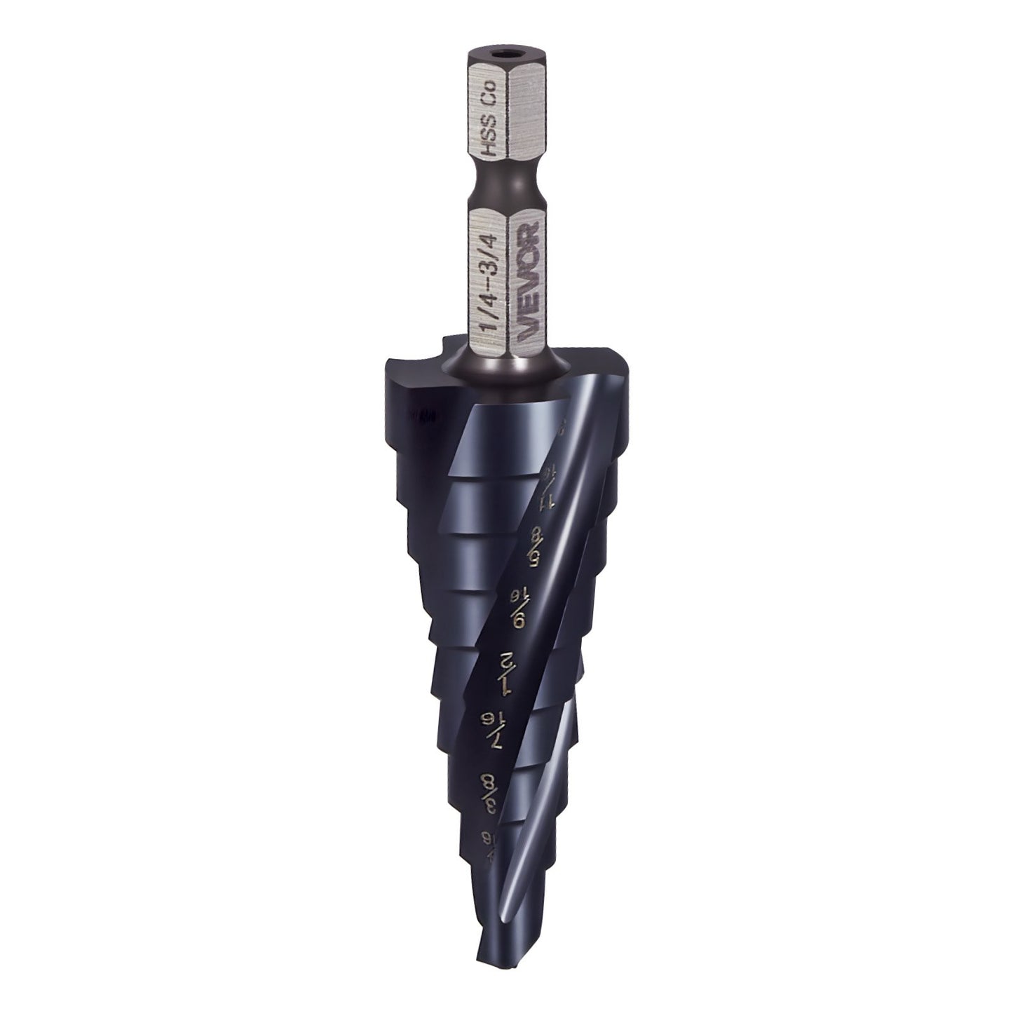 Step Drill Bit, 1/4 to 3/4 inch, 1/4 inch Hex Shank, TiAlN Coating Cobalt HSS High Speed Steel, Four Spiral Flute Step Bit for Metal, Stainless Steel, Aluminum, Wood, Plastic, Fiberglass