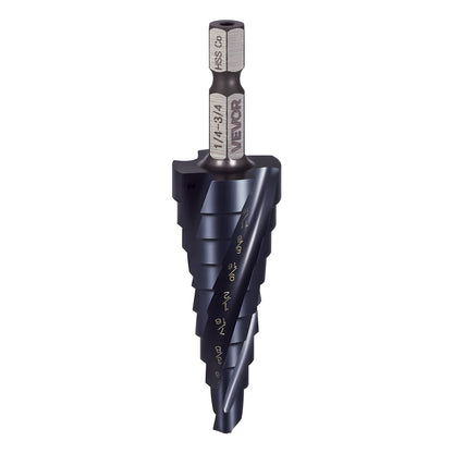 Step Drill Bit, 1/4 to 3/4 inch, 1/4 inch Hex Shank, TiAlN Coating Cobalt HSS High Speed Steel, Four Spiral Flute Step Bit for Metal, Stainless Steel, Aluminum, Wood, Plastic, Fiberglass