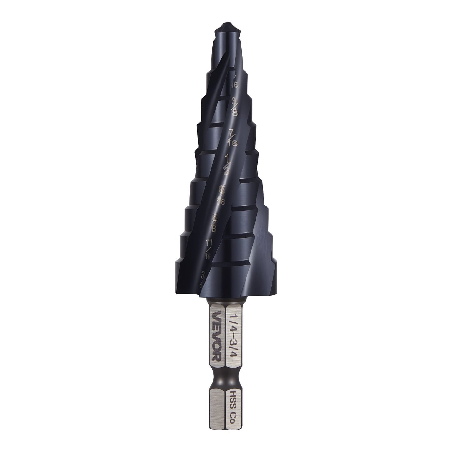 Step Drill Bit, 1/4 to 3/4 inch, 1/4 inch Hex Shank, TiAlN Coating Cobalt HSS High Speed Steel, Four Spiral Flute Step Bit for Metal, Stainless Steel, Aluminum, Wood, Plastic, Fiberglass