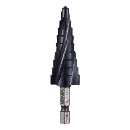 Step Drill Bit, 1/4 to 3/4 inch, 1/4 inch Hex Shank, TiAlN Coating Cobalt HSS High Speed Steel, Four Spiral Flute Step Bit for Metal, Stainless Steel, Aluminum, Wood, Plastic, Fiberglass