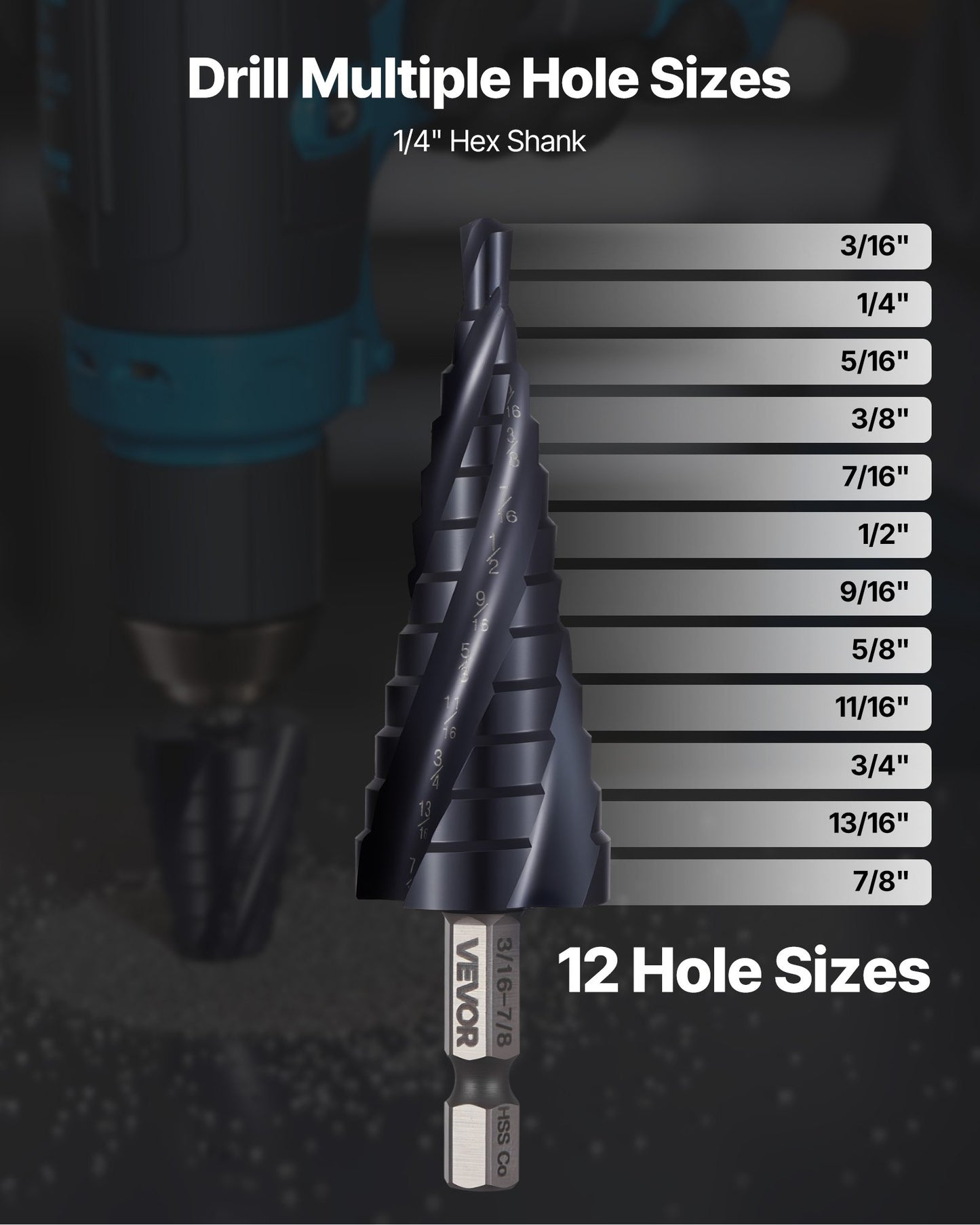 Step Drill Bit, 3/16 to 7/8 inch, 1/4 inch Hex Shank, TiAlN Coating Cobalt HSS High Speed Steel, Four Spiral Flute Step Bit for Metal, Stainless Steel, Aluminum, Wood, Plastic, Fiberglass