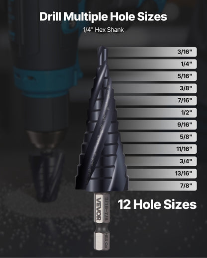 Step Drill Bit, 3/16 to 7/8 inch, 1/4 inch Hex Shank, TiAlN Coating Cobalt HSS High Speed Steel, Four Spiral Flute Step Bit for Metal, Stainless Steel, Aluminum, Wood, Plastic, Fiberglass