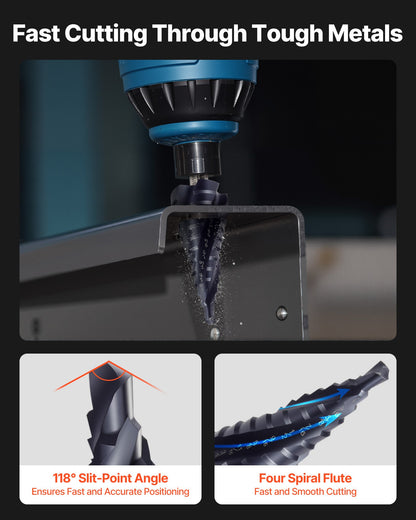 Step Drill Bit, 3/16 to 7/8 inch, 1/4 inch Hex Shank, TiAlN Coating Cobalt HSS High Speed Steel, Four Spiral Flute Step Bit for Metal, Stainless Steel, Aluminum, Wood, Plastic, Fiberglass