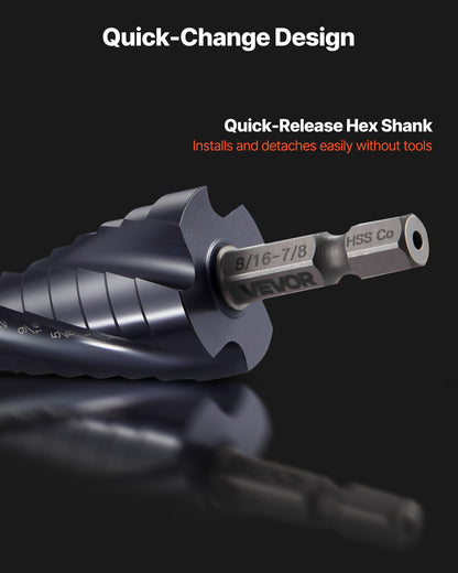 Step Drill Bit, 3/16 to 7/8 inch, 1/4 inch Hex Shank, TiAlN Coating Cobalt HSS High Speed Steel, Four Spiral Flute Step Bit for Metal, Stainless Steel, Aluminum, Wood, Plastic, Fiberglass