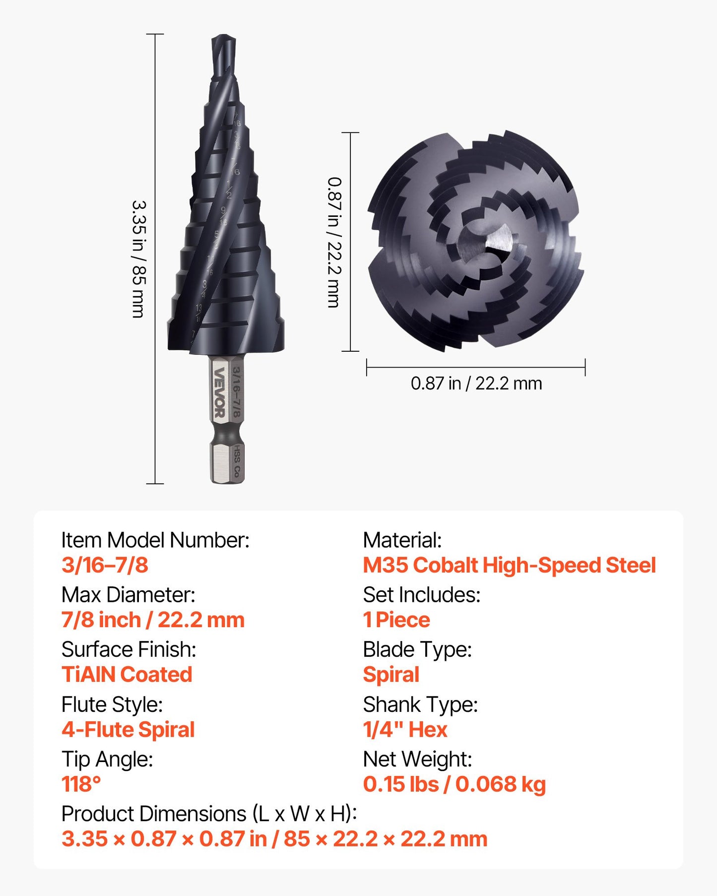Step Drill Bit, 3/16 to 7/8 inch, 1/4 inch Hex Shank, TiAlN Coating Cobalt HSS High Speed Steel, Four Spiral Flute Step Bit for Metal, Stainless Steel, Aluminum, Wood, Plastic, Fiberglass