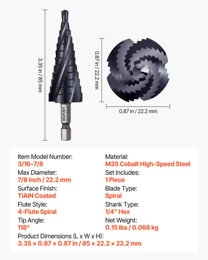 Step Drill Bit, 3/16 to 7/8 inch, 1/4 inch Hex Shank, TiAlN Coating Cobalt HSS High Speed Steel, Four Spiral Flute Step Bit for Metal, Stainless Steel, Aluminum, Wood, Plastic, Fiberglass