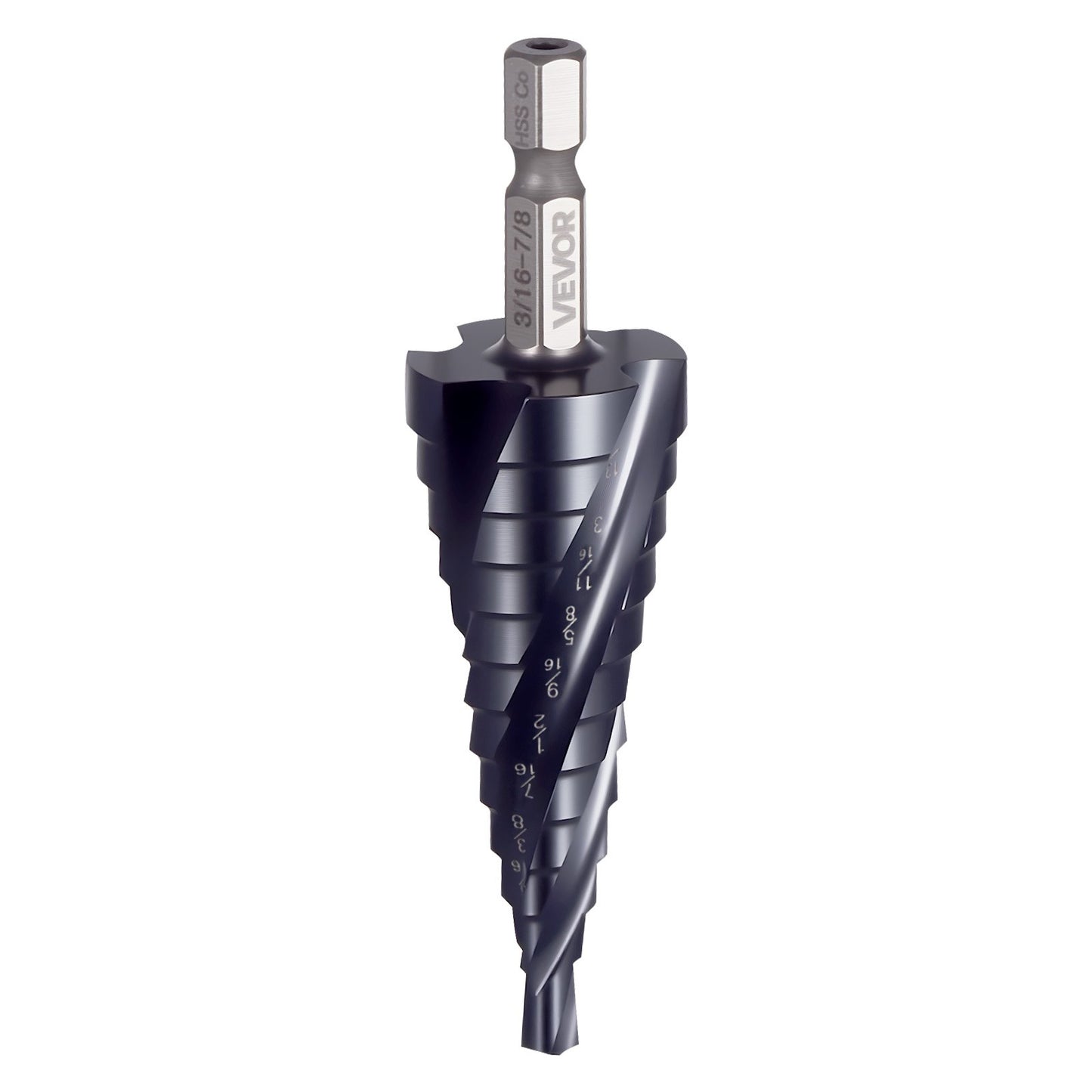 Step Drill Bit, 3/16 to 7/8 inch, 1/4 inch Hex Shank, TiAlN Coating Cobalt HSS High Speed Steel, Four Spiral Flute Step Bit for Metal, Stainless Steel, Aluminum, Wood, Plastic, Fiberglass