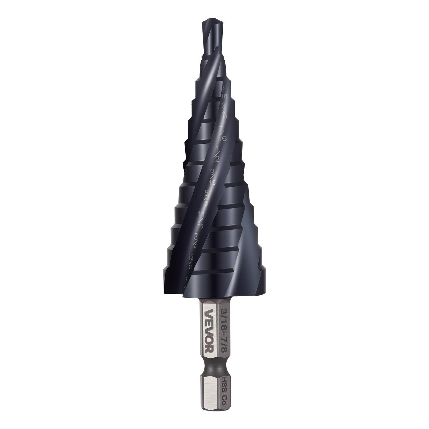 Step Drill Bit, 3/16 to 7/8 inch, 1/4 inch Hex Shank, TiAlN Coating Cobalt HSS High Speed Steel, Four Spiral Flute Step Bit for Metal, Stainless Steel, Aluminum, Wood, Plastic, Fiberglass