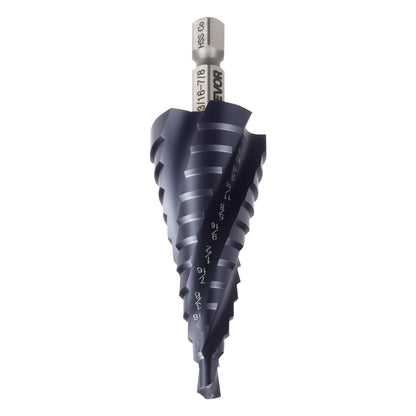 Step Drill Bit, 3/16 to 7/8 inch, 1/4 inch Hex Shank, TiAlN Coating Cobalt HSS High Speed Steel, Four Spiral Flute Step Bit for Metal, Stainless Steel, Aluminum, Wood, Plastic, Fiberglass